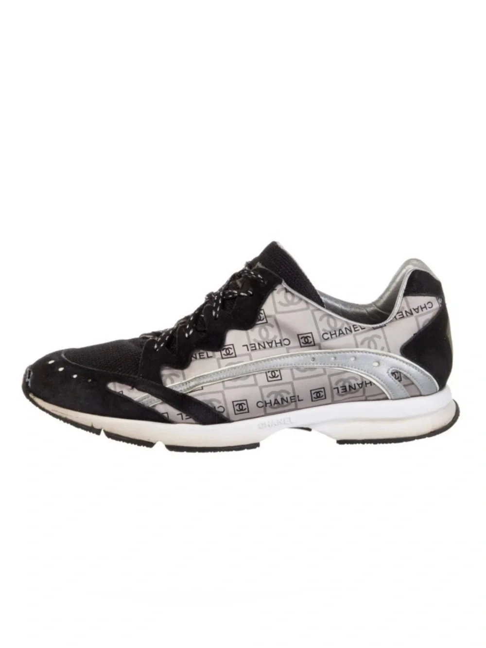 CHANEL Black & Silver Logo-Print Sneakers. Sz 39/9. Comes with dustbag